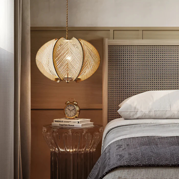 Wabi Sabi Pendelleuchte aus Holz und Hanf für Wohnzimmer oder Esstisch