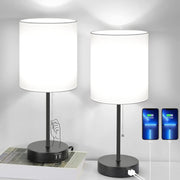 Tischlampen mit USB und Steckdose Set aus 2 graue Leinenlampen modern für Schlafzimmer und Wohnzimmer