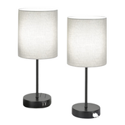 Tischlampen mit USB und Steckdose Set aus 2 graue Leinenlampen modern für Schlafzimmer und Wohnzimmer
