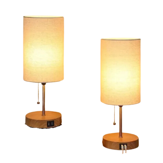 Tischlampen mit USB und Steckdose Set aus 2 graue Leinenlampen modern für Schlafzimmer und Wohnzimmer