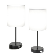 Tischlampen mit USB und Steckdose Set aus 2 graue Leinenlampen modern für Schlafzimmer und Wohnzimmer