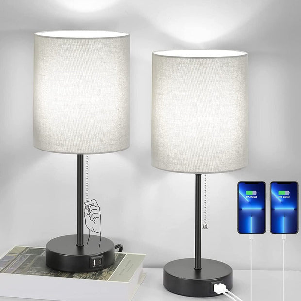Tischlampen mit USB und Steckdose Set aus 2 graue Leinenlampen modern für Schlafzimmer und Wohnzimmer