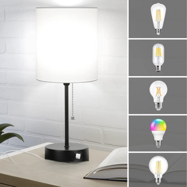Tischlampen mit USB und Steckdose Set aus 2 graue Leinenlampen modern für Schlafzimmer und Wohnzimmer