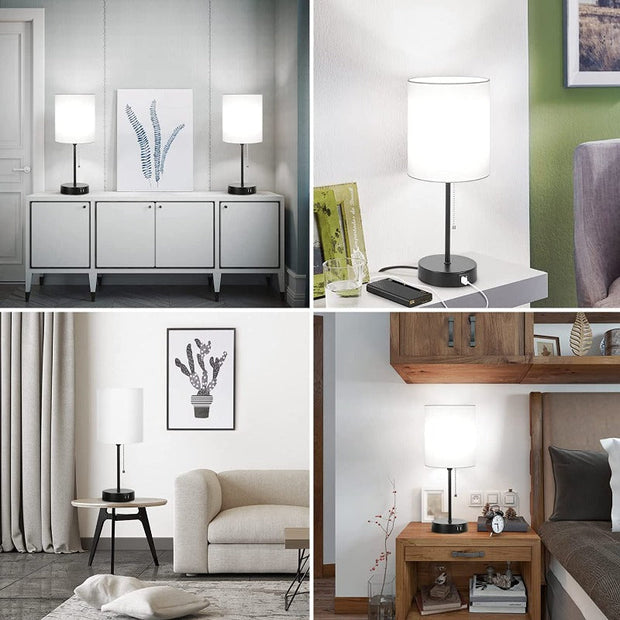 Tischlampen mit USB und Steckdose Set aus 2 graue Leinenlampen modern für Schlafzimmer und Wohnzimmer