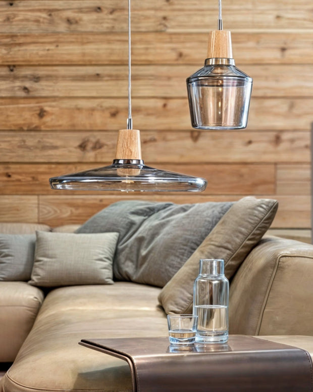 AmberLysa Pendelleuchte, Moderne Nordische Glasleuchten mit Holzsockel, E27