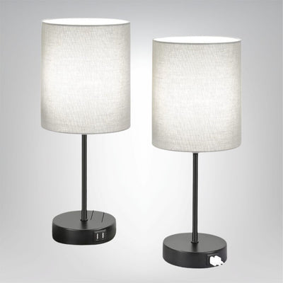 Tischlampen mit USB und Steckdose Set aus 2 graue Leinenlampen modern für Schlafzimmer und Wohnzimmer