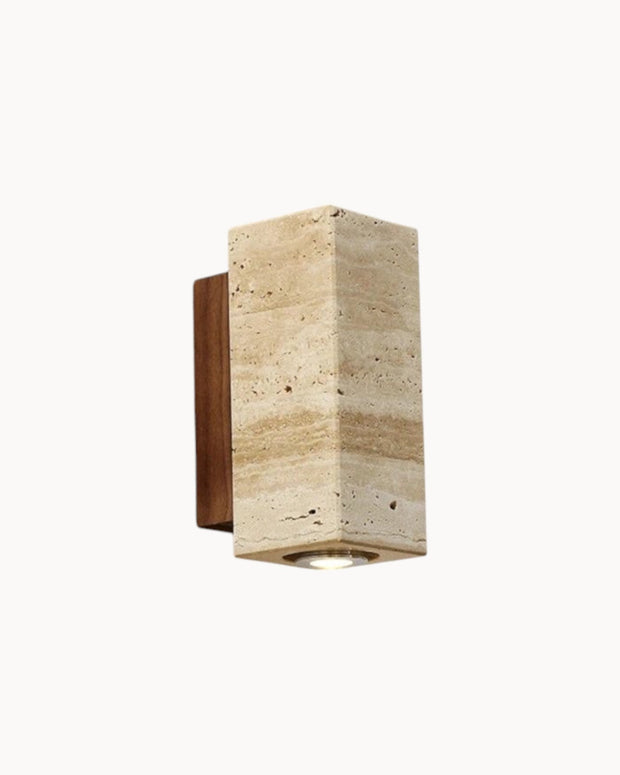 LumiTravura Wandleuchte Travertin Quadrat – Naturstein mit Holzfuß – E27