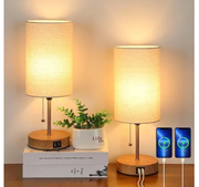 Tischlampen mit USB und Steckdose Set aus 2 graue Leinenlampen modern für Schlafzimmer und Wohnzimmer